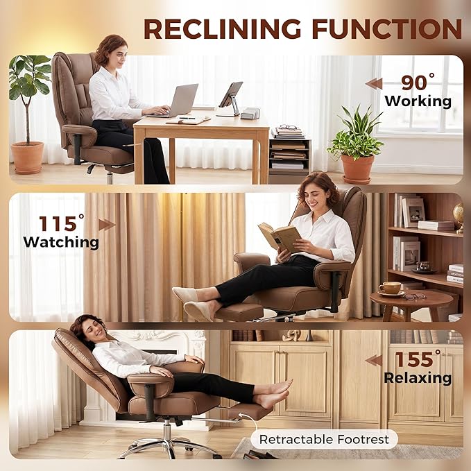 HOMCOM Ergonomic Executive Office Chair with Foot Rest, Reclining Swivel Computer Desk Chair with Adjustable Armrests, Spring Seat, High Back, Thick Cushion, Pet Friendly Faux Leather, Brown
