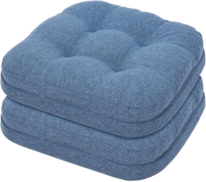 baibu Set of 2 Dining Chair Cushions, Dual-Layer Patent Design Memory Foam Kitchen Chair Cushions, Non-Slip Seat Pads with Ties, 16.5 x 16.5 x 3.5in, 2 Pack, Blue