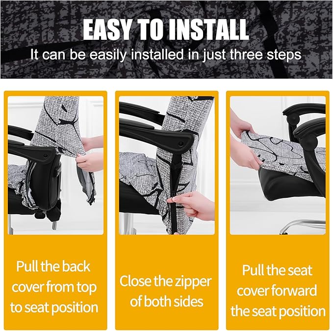 Smiry Stretch Printed Office Computer Chair Covers, Universal Desk Rotating Chair Slipcovers Removable Washable, Soft Fit Anti-Dust Spandex Protector Cover with Zipper, Grey and Black