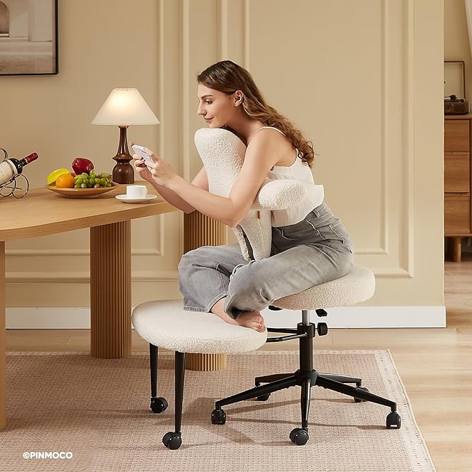 Pinmoco Ergonomic Cross Legged Office Chair Extra Wide for ADHD and Meditation, Kneeling Chair with 360° Swivel Wheels and Reversible Seating, Adjustable Height and Seat Deapth, Teddy Fabric, White
