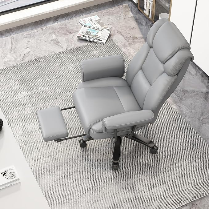 GYI 160 Reclining Office Chair with Footrest, Big and Tall High Back Ergonomic Computer Desk Chair with Cross Legged Seat, Arms, Wheels, Leather, Grey, 400 LBS Capacity
