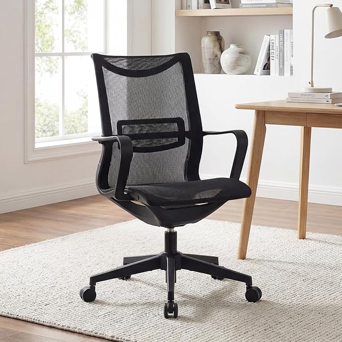 LuxErgo Ergonomic Mesh Office Chair, Mid Back Desk Chair with Lumbar Support & Armrests, Height Adjustable, 115° Recline, 360° Swivel Rolling Task Chairs for Home Office, Black