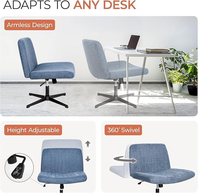 Orange Factory Criss Cross Chair No Wheel Wide Cross Legged Office Desk Vanity Chair Comfy Fabric Armless Adjustable Swivel for Home Computer Task (Blue No Wheel, Classic Fabric)