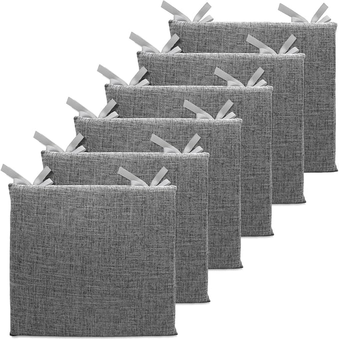 Lifup 6 Pack Chair Cushion Memory Foam Pads, Square Non-Slip Thick Dining Chair Cushions with Ties and Removable Cover for Home Office Restaurant Chair Pads Grey 2 16 x 16 Inch