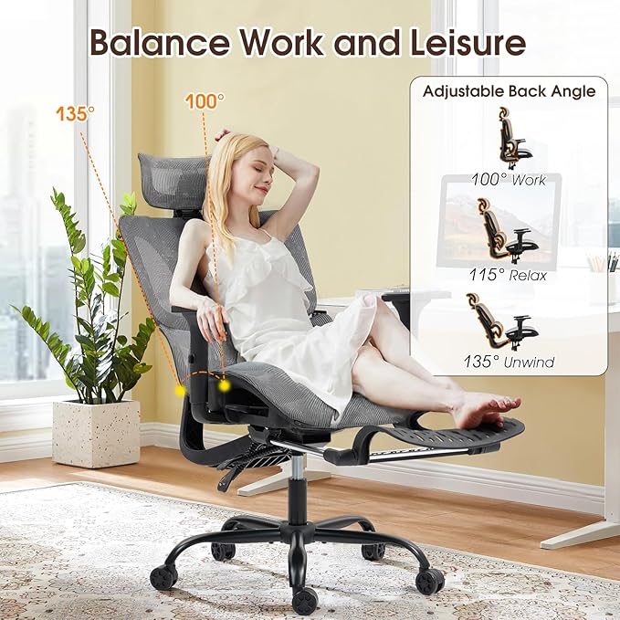 ECOTOUGE Mesh Ergonomic Office Chair with Footrest, High Back Mesh Gaming Chair with Lumbar Support, Adjustable Headrest and Armrests for Home Office Desk Chair, Grey