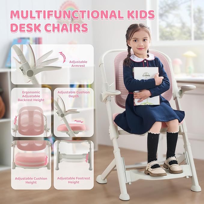 ERIYA Kids Desk Chair,Ergonomic Chair: Breathable Mesh Back, Adjustable Seat, Flip-Up Armrests, Footrest, Lumbar | Ideal for Kids, Petite Adults – Ultra-Comfy for Study/Work (Pink)