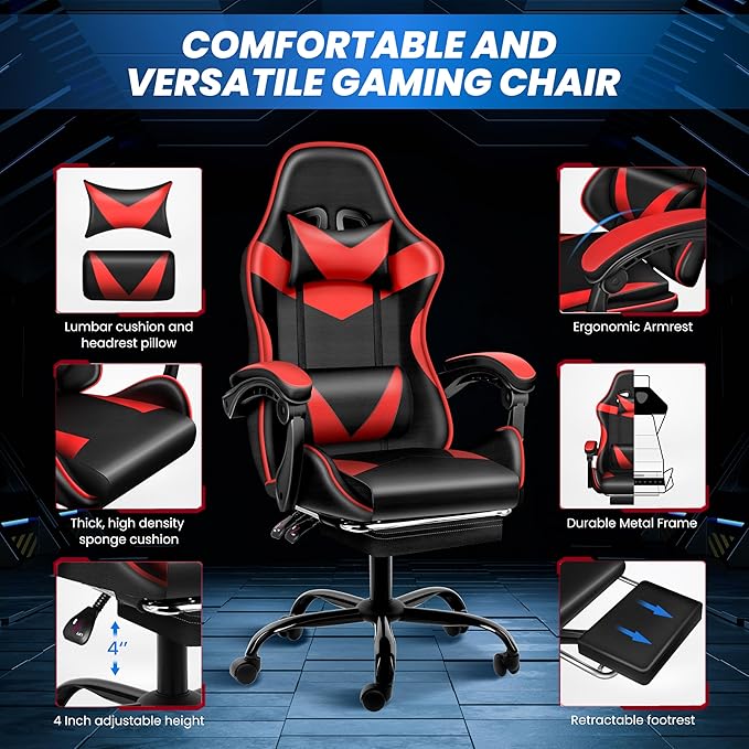 Gaming Chair, Ergonomic Computer Chair with Footrest and Lumbar Support, 90°–155° Reclining Backrest, Height Adjustable 360° Swivel Office Desk Chair for Adults and Kids