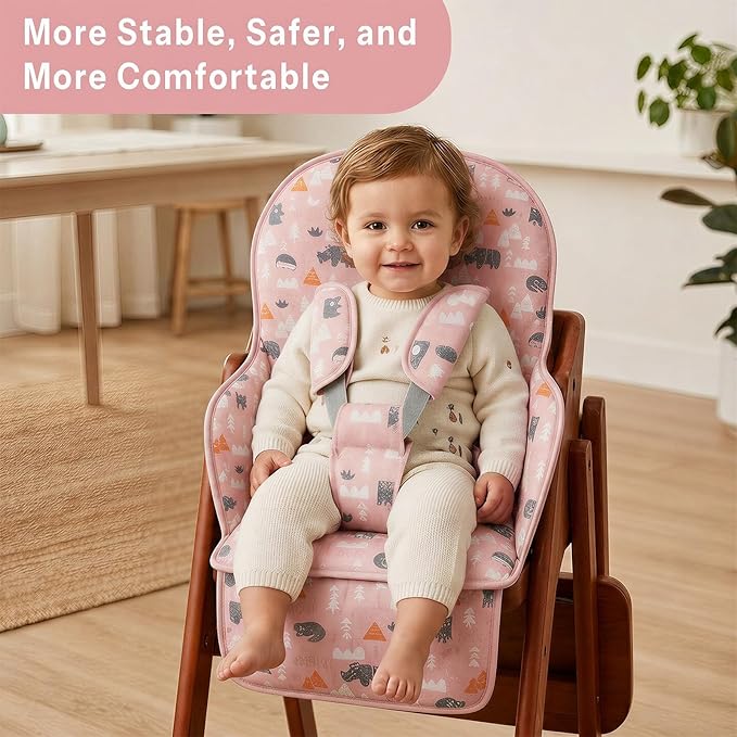 High Chair Pad, High Chair Cushion, Seat Cushion Breathable Pad, Cute Pattern,Comfortable Seat Belt Design, Soft and Comfortable, Baby Sits More Comfortable (Pink Animal Pattern)