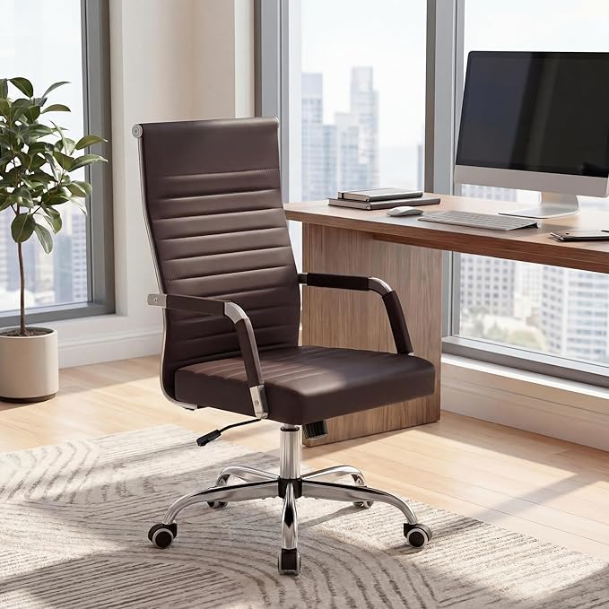 Furmax Ergonomic Office Desk Chair, Executive Ribbed Mid-Back PU Leather Conference Room Chair Adjustable Swivel Chair with Arms (2, Brown)