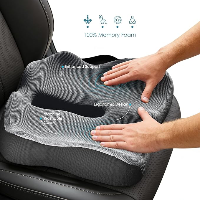 Car Seat Cushion, Extra Large Memory Foam Cushion with Adjustable Strap for Truck Drivers & Long Driving, Orthopedic Sciatica and Tailbone Pain Relief, Comfort Support for Travel Essentials
