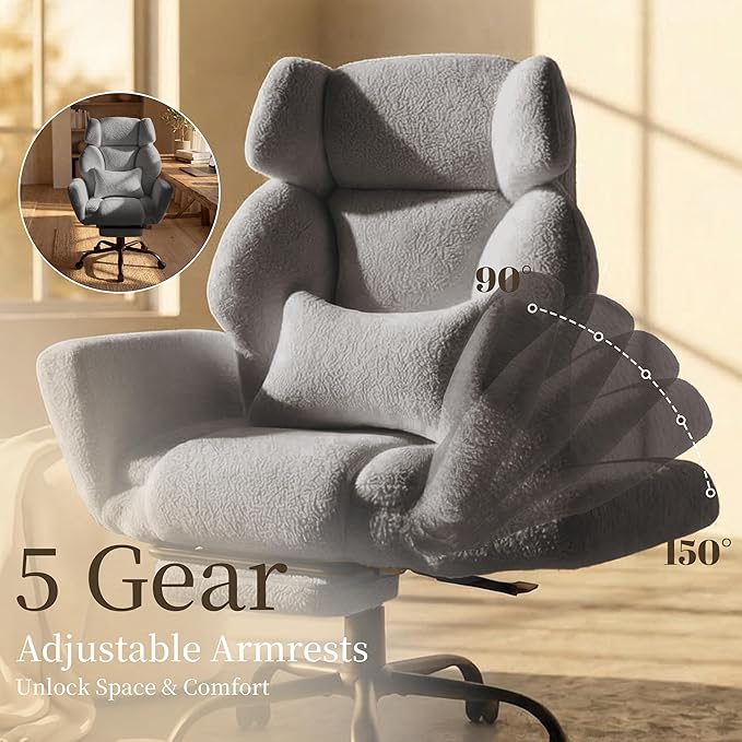 Office Chair with Flip Armrests,Big and Tall Office Chair with Foot Rest,Extra Wide Seat & Lumbar Pillow,Ergonomic Computer Gaming Chair,Comfy Criss Cross Chair for Pets Sitting,Teddy Fleece,Grey