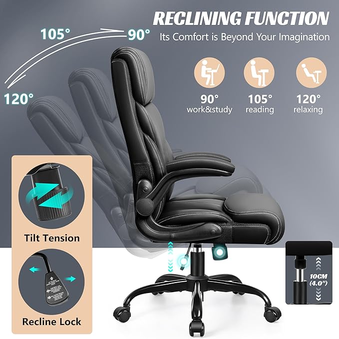 HeroSet Office Chair, Ergonomic Big and Tall Computer Desk Chairs, Executive Breathable Leather Chair with Adjustable Flip-up Armrests, Lumbar Support Swivel PC Chair with Rocking Function
