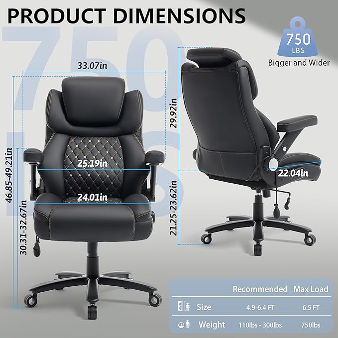 Big and Tall Office Chair 750lbs, Executive Office Chair with Adjustable Headrest&Lumbar Airbag Support, PU Leather High Back Heavy Duty Chair 5D Flip Arms, Ergonomic Thick Spring Cushion, All Black