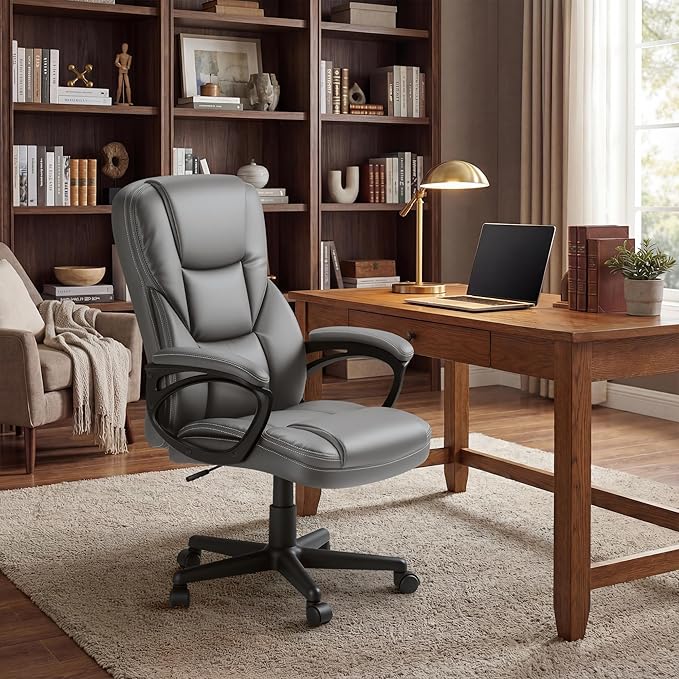 Shahoo Ergonomic Office Chair Executive PU Leather Chair with Comfortable Head Rest, Thickened Cushioned Armrest and Lumbar Support for Office & Home, Grey