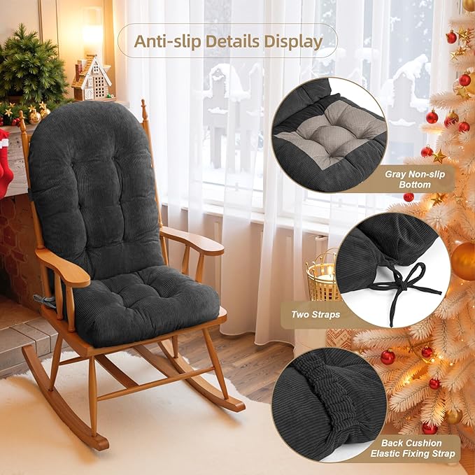 Rocking Chair Cushion - Corduroy Fabric, High-Density Sponge, Durable Comfort Non-Slip Bottom Tufted Seat Pads with Ties, Corduroy︱Deep Gray, 44x19x4 inch