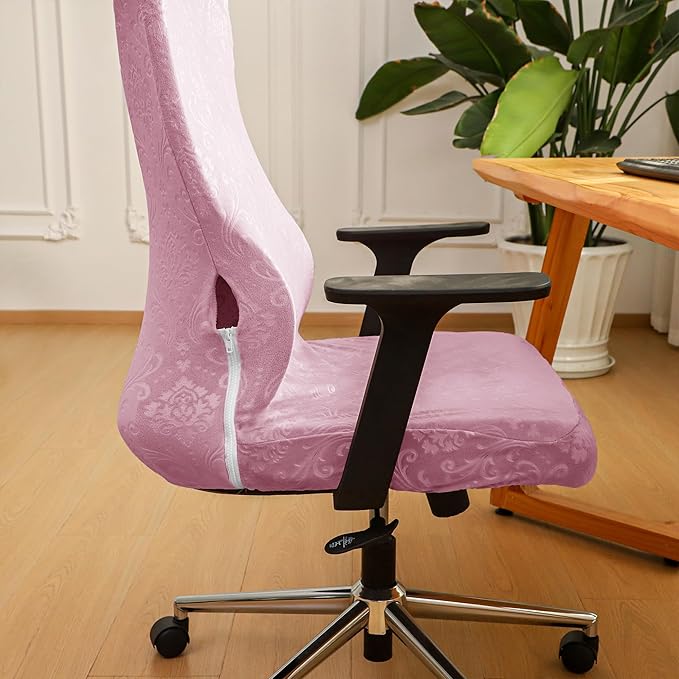 Pink Ergonomic Office Chair Cover with Headrest Cover Velvet Embossing Stretch Office Chair Cover with Headrest Set Washable-Velvet Embossing Pink