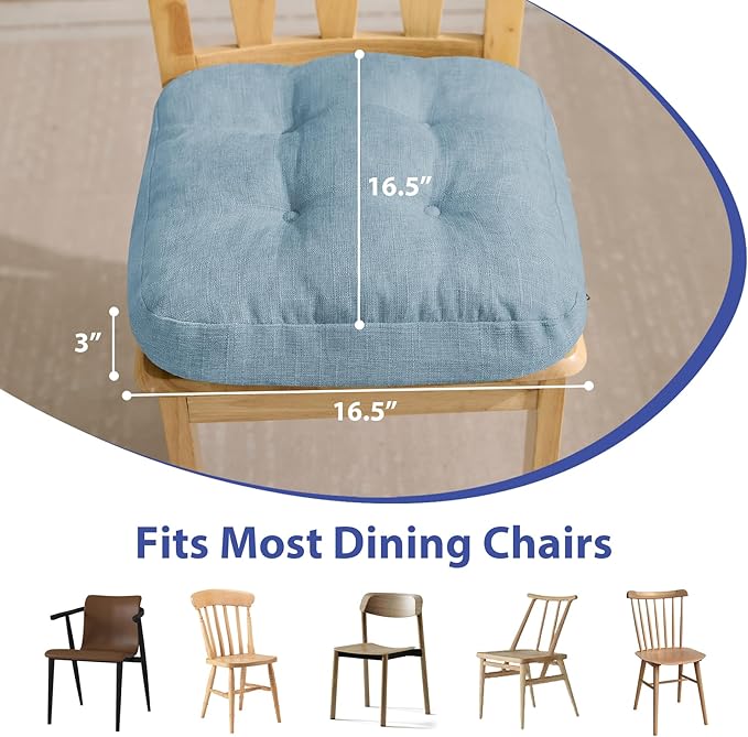 IASEAHK Chair Cushions for Dining Chairs, Dining Chair Cushions, Tufted Indoor Chair Pads with Ties & Non Slip Backing, Seat Cushions for Kitchen Chairs 16.5” x 16.5” x 3.5”, Set of 6, Light Blue