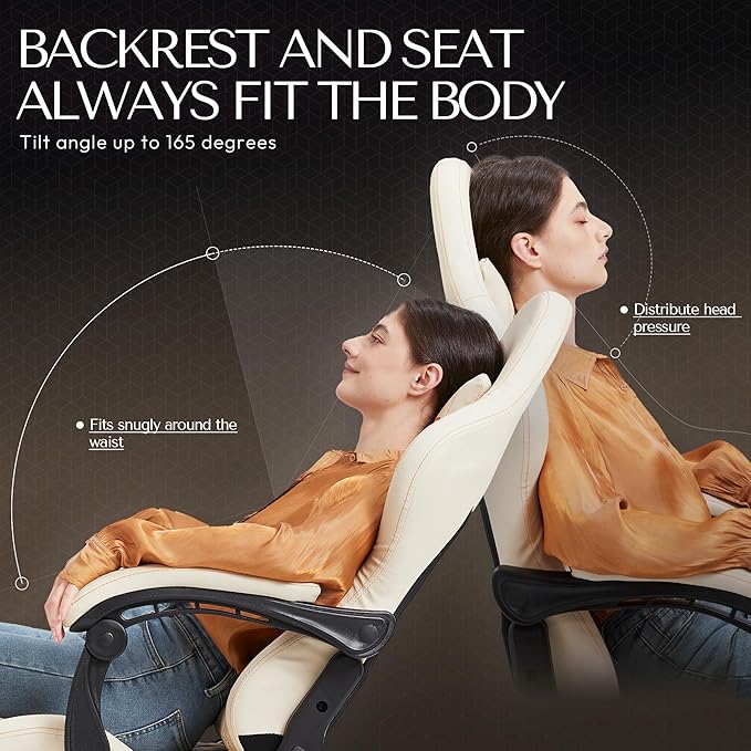 Dowinx Big & Tall Vintage Gaming Chair for Adults, 400 lb Capacity Heavy Duty Ergonomic Computer Chair with Massage Lumbar, Footrest & Easy Side Recline, Ivory