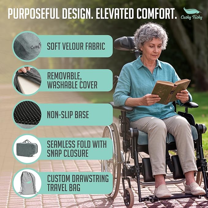 Cushy Tushy Premium Foldable Wheelchair Cushion - for Relief of Lower Back, Sciatic, Butt and Tailbone Pain - for Home & Office Use, Perfect for Travel or Driving - Gray Coccyx Seat Cushion