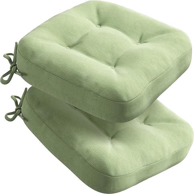 Codi Dining Chair Cushions 2 Pack, Thick Chairs Pads for Indoor Kitchen Room - Washable, Non-Slip Memory Foam Seat Cushion with Ties, 16.5"x16.5"x 3.5", Set of 2, Sage New
