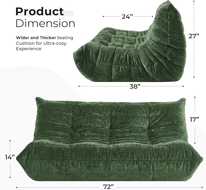 HABUTWAY Bean Bag Chair, Giant Bean Bag Chairs for Adults, 3 Seater Fireside Chair, Lazy Large Floor Bean Bag Sofa for Living Room, Bedroom, Dorm, Office (Green)