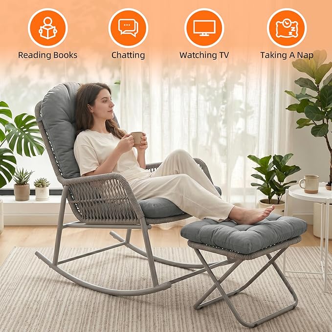 Adirondack Chair Cushion Set - Soft Chenille 2-Piece Seat & Ottoman Pad, Tufted Non-Slip Design, High-Density Foam Nursery Glider Cushions, All-Season Indoor/Outdoor Rocker Comfort,Light Grey