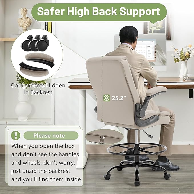 500LBS Drafting Chair, High Back Safer Standing Desk Chair, Executive Tall Office Chair with Flip-up Armrests, Upholstered PU Leather Task Chair, Ergonomic Seat with Adjustable Height&Foot Ring,Beige