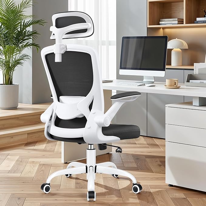BESTFAIR Office Chair Ergonomic Desk Chair, Breathable Mesh Office Chairs with Adjustable Lumbar Support, Flip-Up Arms, Computer Desk Chair Comfy for Home Office, White