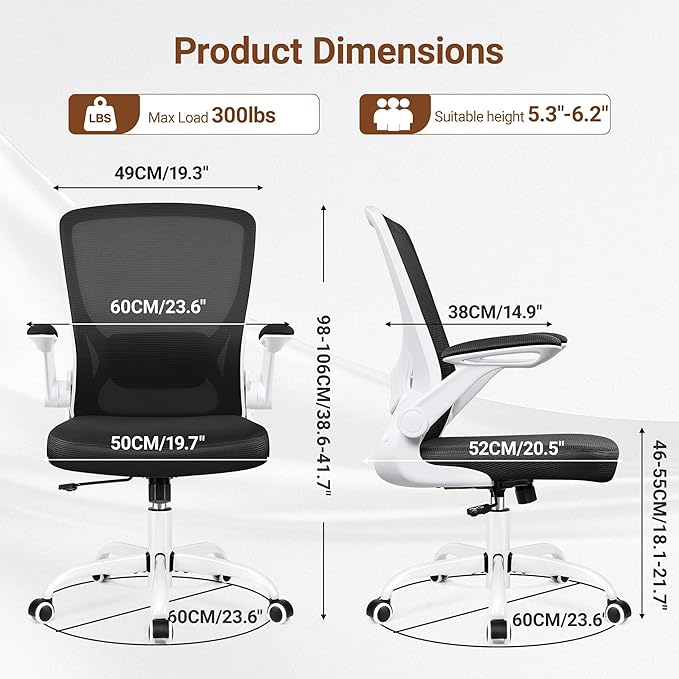 BESTFAIR Ergonomic Office Chair, Mesh Computer Chairs with Lumbar Support, Swivel Desk Chair with Flip-up Arms and Adjustable Height, White