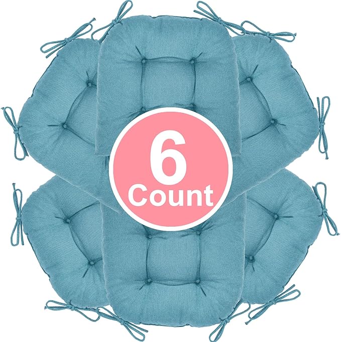 Chair Cushion, Chair Cushions for Dining Chairs, Chair Pads and Mat with Ties for Indoor Kitchen Seat and Desk (Teal, 6 Count - 17 x 16 in)