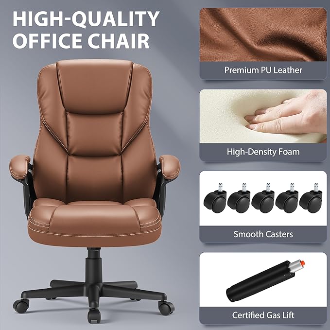 Shahoo Ergonomic Office Chair Executive PU Leather Chair with Comfortable Head Rest, Thickened Cushioned Armrest and Lumbar Support for Office & Home, Light Brown