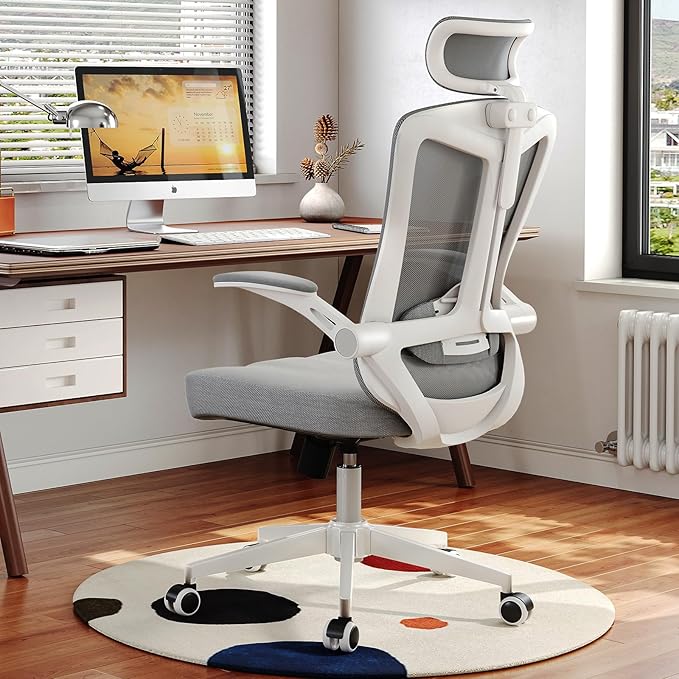 350 LBS Ergonomic Office Computer Mesh Chair - Adjustable Height Rolling Desk Chair with Flip-Up Armrests & High Back Support - Comfortable Swivel Task Chair for Home Office (03grey)