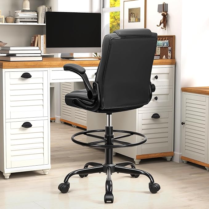 Drafting Chair,Tall Office Chair for Standing Desk,High Executive Leather Ergonomic Computer Chair with Adjustable Height and Flip-Up Armrest for Counter Height Desk,Black