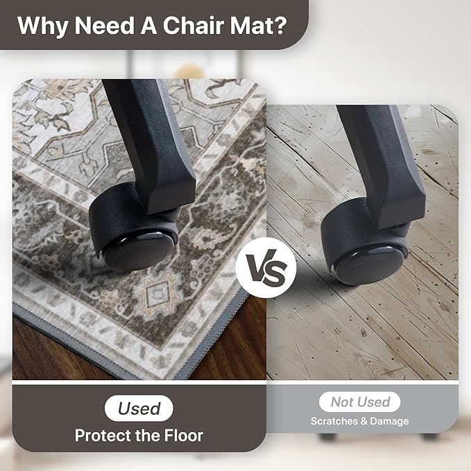 36"x48" Office Chair Mat for Hardwood Tile Floor, Under Desk Carpet Protector for Rolling Computer Chair Mat, Machine Washable Area Rug, Anti-Slip 1/5" Thick Low Pile Thin Vinyl Floor Mat, Tawny Grey