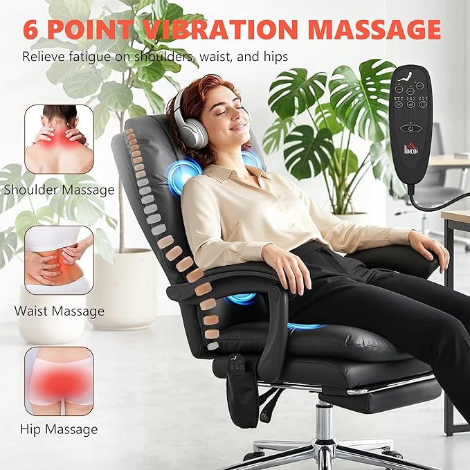 HOMCOM Massage Office Chair with 6-Point Vibration, Pet-Friendly Faux Leather Ergonomic Executive Desk Chair with Double-Layer Spring Cushions, Wide Seat, High Back, Reclining, Footrest, Black