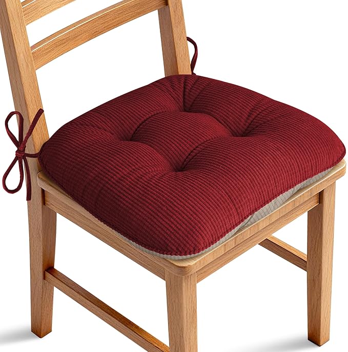 ELFJOY Dining Chair Cushions Thick Non Slip Kitchen Chair Pads with Ties Comfortable Indoor Kitchen Seat Cushions 18" x 18" x 3" (1, Red)