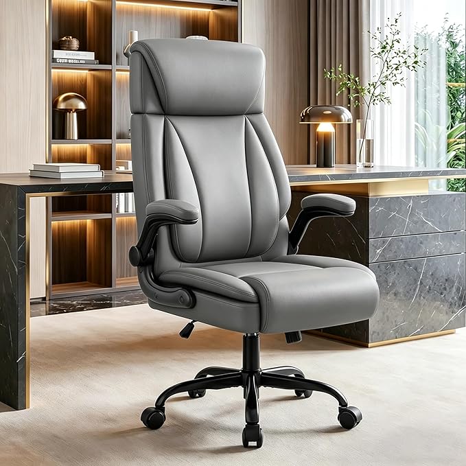BestGlory Ergonomic Office Chair, PU Leather High Back Desk Chair with Adjustable Headrest and Padded Flip-Up Arms, Lumbar Support Computer Chair for Home Office Gaming, Grey