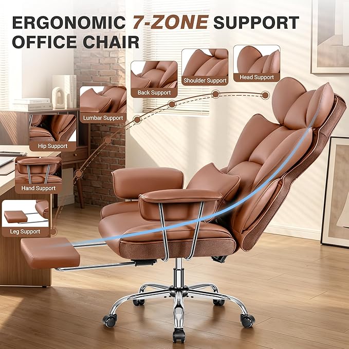 ALLGOD Office Chair Comfy, Big and Tall Executive Leather Chair, High Back Ergonomic Wide Chair with Footrest, Reclining Computer Desk Chair, Heavy Duty Gaming Chair with Padded Arm and Pillow, Brown