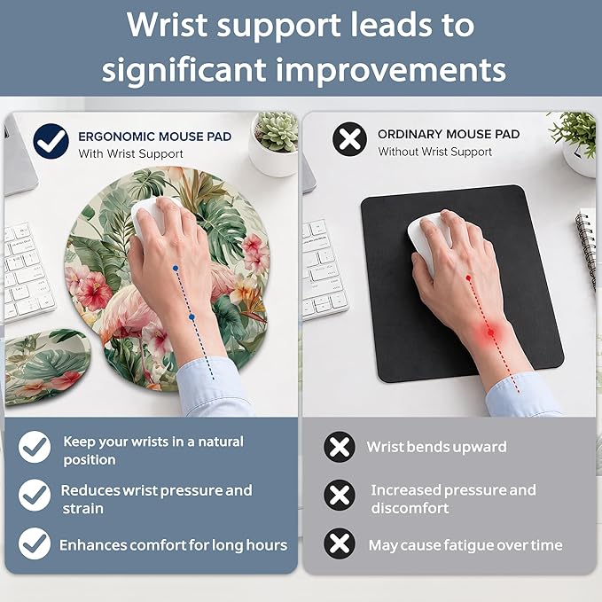 Flamingos Ergonomic Memory Foam Wrist Rest Set for Keyboard and Mouse,Palm Leaves Hibiscus Flowers Supportive Mouse Pad with Non Slip Base for Office Work and Gaming