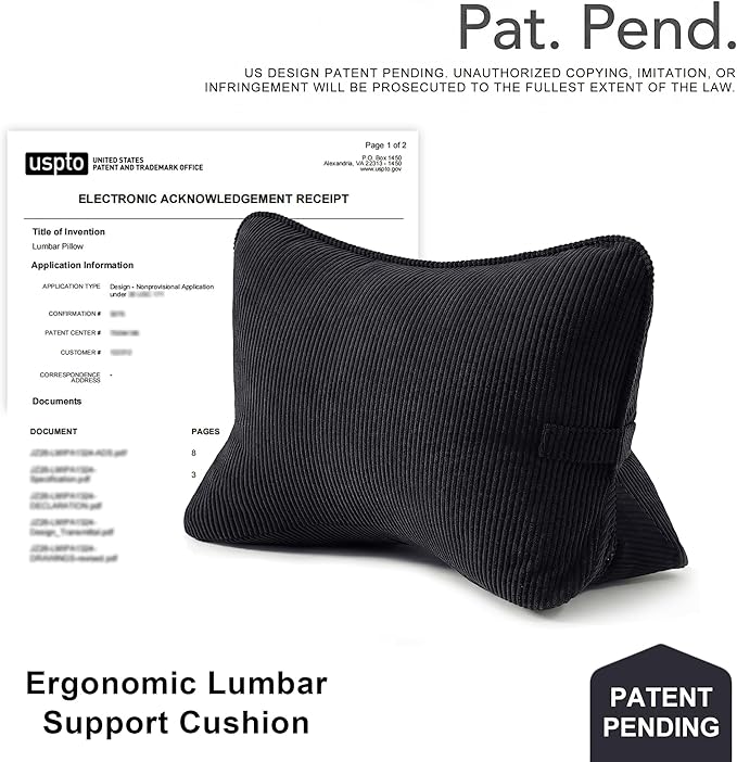 Pat. Pend. Corduroy Lumbar Support Back Pillow for Sitting, Back Cushion for Sofa or Bed Sitting, Gaming, Reading & Watching TV, Ergonomic Triangle Backrest Pillow, Lamp Black