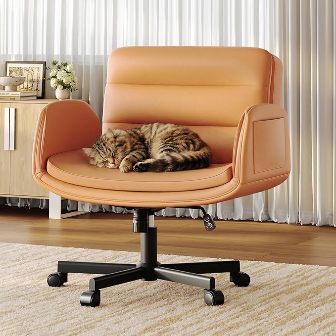 Criss Cross Chair with Flip-Up Arms & Swivel Wheels, Vanity Chair with Adjustable Height & Side Pockets, Comfortable Wide Seat Reclining Computer Office Desk Chairs for Home Office, Make Up, Bed Room