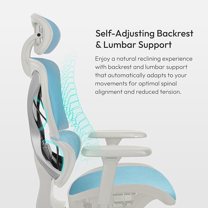 ThunderX3 XTC Ergonomic Office Chair, for Adults Gaming Chair, High Back Desk Chair, Synchronous Tilt, Self-Adjusting Lumbar Support and Backrest, Adjustable Headrest, Chroma Mesh, White Blue