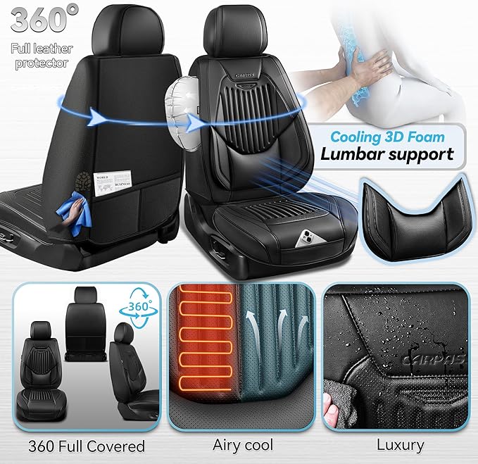 CAR PASS Luxury Nappa Leather Car Seat Covers Two Front, Lumbar Support Seat Covers for Car 2 Seats, Waterproof Car Seat Protector, Automotive Seat Cover Universal Fit for Most Sedans SUV Trucks Black