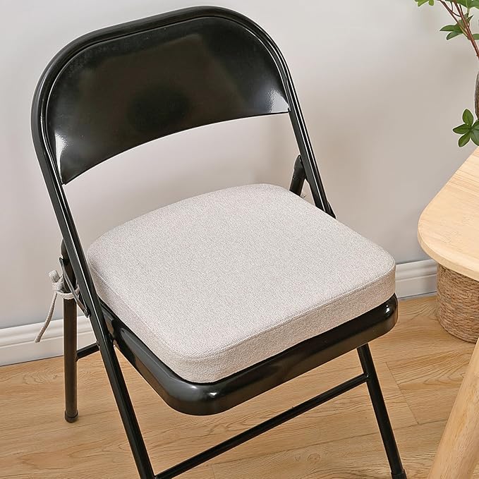 SINOSSO Memory Foam Chair Cushion for Folding Chair 1 Pcs, Thickened 2" Square Kitchen Chair Pad with Ties, Indoor Non-Slip Dining Chair Seat Cushion (1 Piece, Beige-Gray)