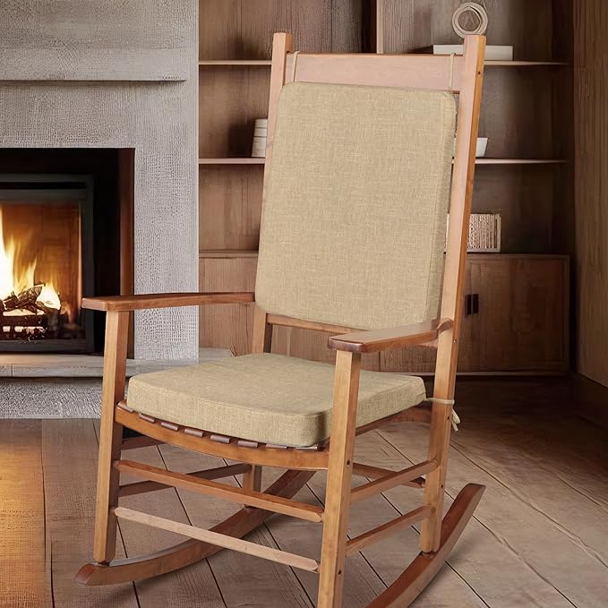 Rocking Chair Cushion Set with Machine Washable Cover Non-Slip Rocking Chair Cushions Indoor Seat and Back Pads with Ties 1 Pack, 2 Piece Set, 20"x 17"x 2" (Beige)