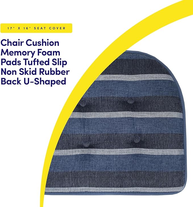 Sweet Home Collection Chair Cushion Memory Foam Pads Tufted Slip Non Skid Rubber Back U-Shaped 17" x 16" Seat Cover, 2 Count (Pack of 1), Bradford Steel Blue