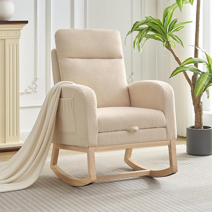 Rocking Chair Nursery, Nursing Rocking Chairs with Foot Rest for Mom Nursery,Rocker Glider Chair with High Backrest for Living Room, Bedroom, Upholstered Lounge Chair with Solid Wood Base for Relaxin
