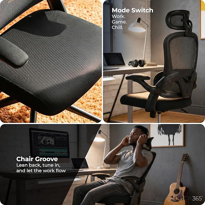 AeroCore M320 Ergonomic Office Chair, High Back Breathable Mesh Computer Chair with Lumbar Support, Adjustable Headrest & Tilt, Flip-Up Arms, 360° Swivel Home Office Desk Chair, Black