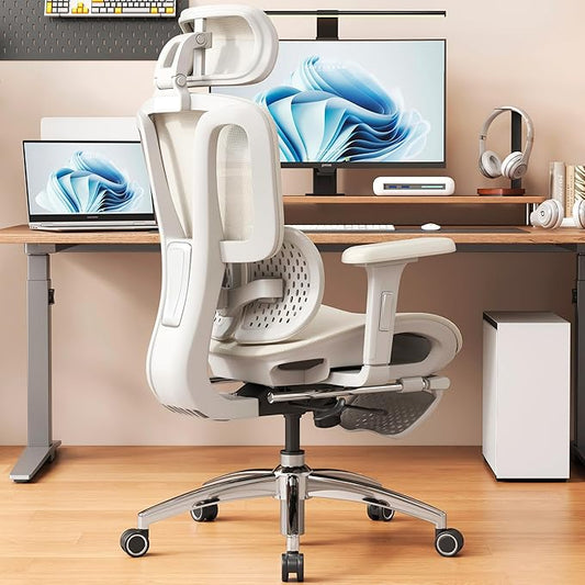 Vonesse Ergonomic Office Chair with Footrest, Desk Chairs with Adjustable 3D Headrest and Armrests, Computer Gaming Chair with Dynamic Lumbar Support & Adjustable Depth Breathable Mesh Seat (White)