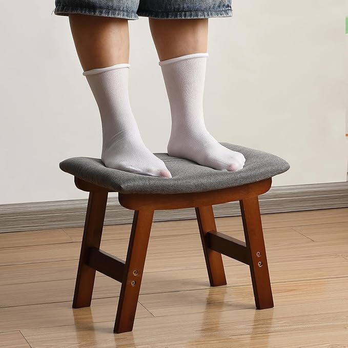 BAMBOO LAND- Bamboo Foot Stools Ottoman, Gray Cushion & Brown Wood Legs, Small Ottoman Foot Rest for Couch